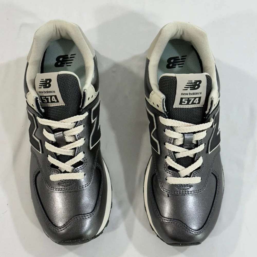New Balance 574 Metallic Gunmetal Leather Mesh Sneakers Womens Shoes Grey Silver